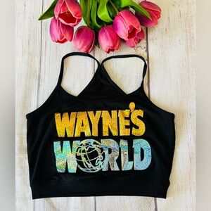 Wayne’s World Black Holographic Gold Silver Logo Scoop Neck Cotton Sports Bra M